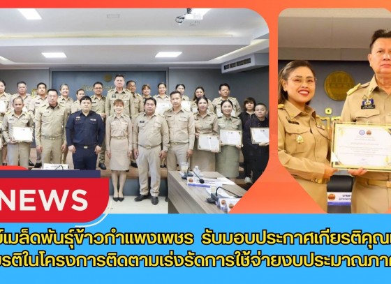 กำแพงเพชร-ศูนย์เมล็ดพันธุ์ข้าวกำแพงเพชร รับมอบประกาศเกียรติคุณเชิดชูเกียรติในโครงการติดตามเร่งรัดการใช้จ่ายงบประมาณภาครัฐ