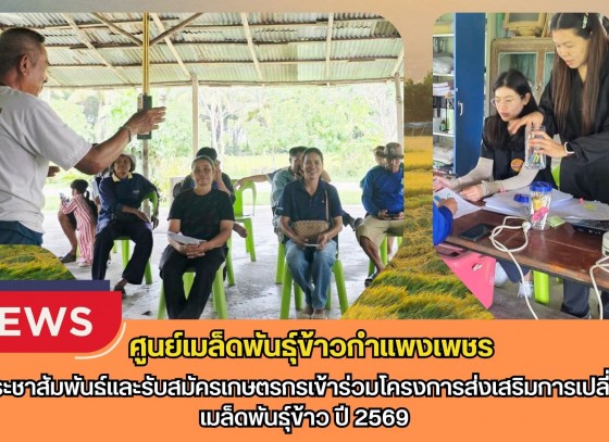 กำแพงเพชร-ศูนย์เมล็ดพันธุ์ข้าวกำแพงเพชร ประชาสัมพันธ์และรับสมัครเกษตรกรเข้าร่วมโครงการส่งเสริมการเปลี่ยนเมล็ดพันธุ์ข้าว ปี 2569
