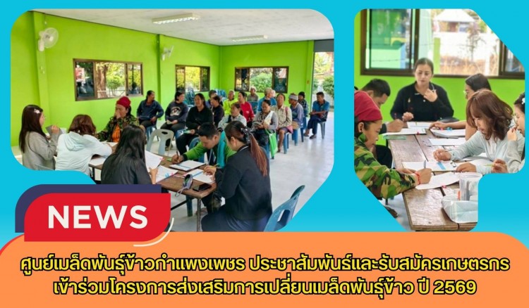 กำแพงเพชร-ศูนย์เมล็ดพันธุ์ข้าวกำแพงเพชร ประชาสัมพันธ์และรับสมัครเกษตรกรเข้าร่วมโครงการส่งเสริมการเปลี่ยนเมล็ดพันธุ์ข้าว ปี 2569